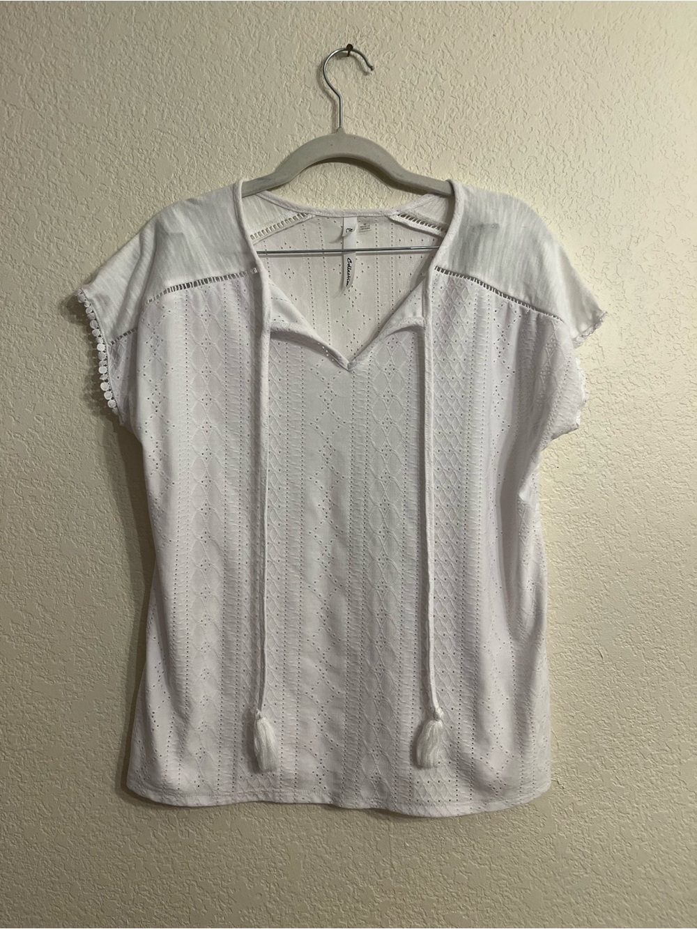 Collection B White Eyelet Tie-Front Short Sleeve Top